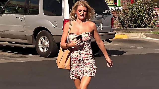 Blonde model Avona drops her dress and sucks a large manhood