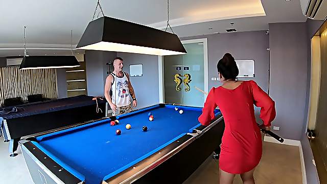 Amateur couple playing pool and having passionate sex afterwards