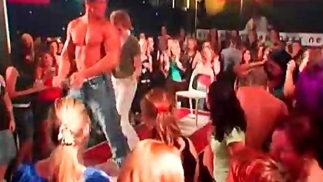 Hot brunette gets cunnilingus at a CFNM sex party