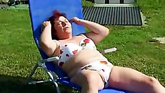 Pierced BBW Redhead Granny Masturbates and Fucks a Teen Cock Outdoors