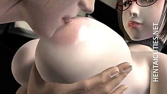 Stockinged busty 3D hentai whore gives BJ