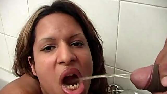 Thundy sucks a big cock and lets the guy pee in her mouth