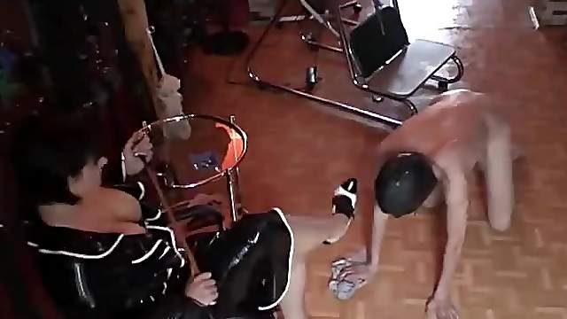 Strict Mature Dominatrix Humiliates and Whips Her Hooded Sex Slave