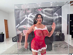 Nia Bleu in Christmas Lingerie with Candy Cane Sucks Cock and Gets Fucked in Glass Case