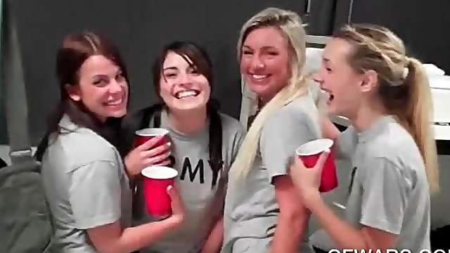 College hotties drinking and flashing assets at a party
