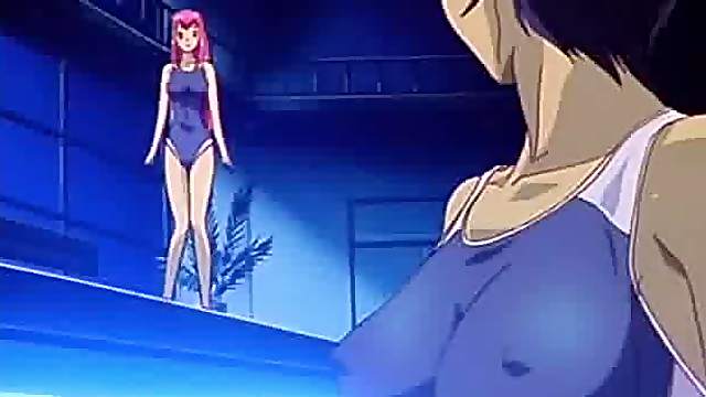 Pink-haired anime cutie gets her pussy fingered in a pool