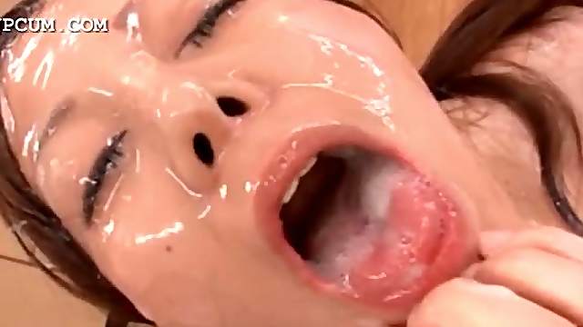 Asian slut getting hardcore bukkaked on knees