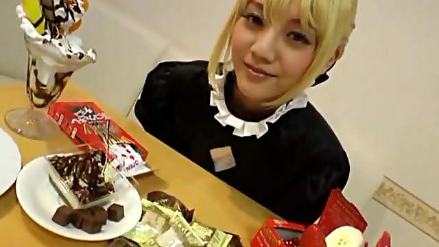 Japanese girl with dyed hard enjoys sucking some horny dude's prick