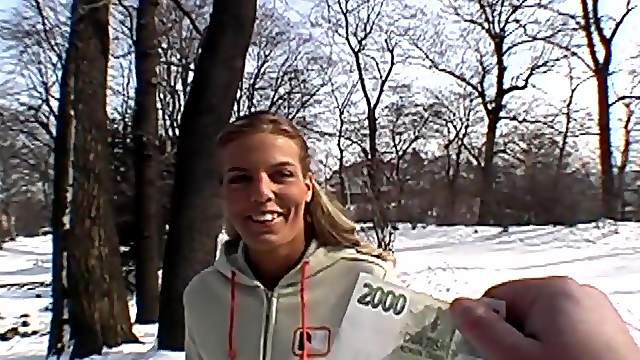 Even a cold weather is not a barrier for her to fuck in public