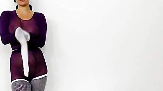 Petite teen nylon mask and huge dildo
