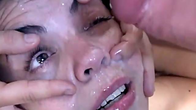 Two brunette chicks suck big dicks and get facialed