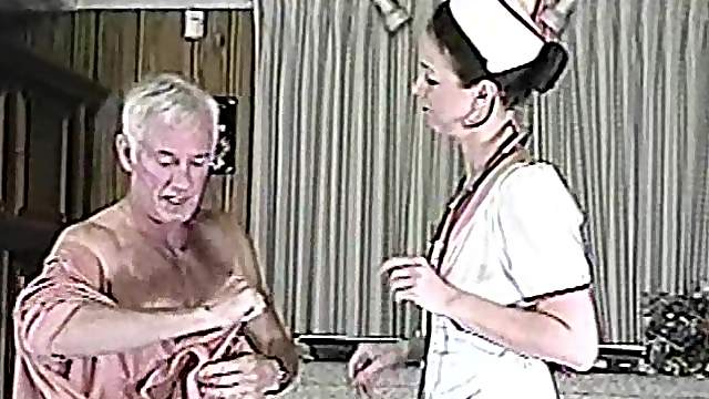 Filthy nurse is treating that old fart with her pussy