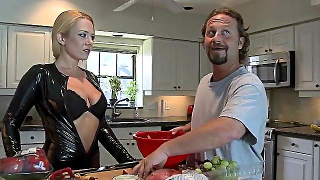 Blonde MILF in a leather bodysuit gets nailed in a kitchen