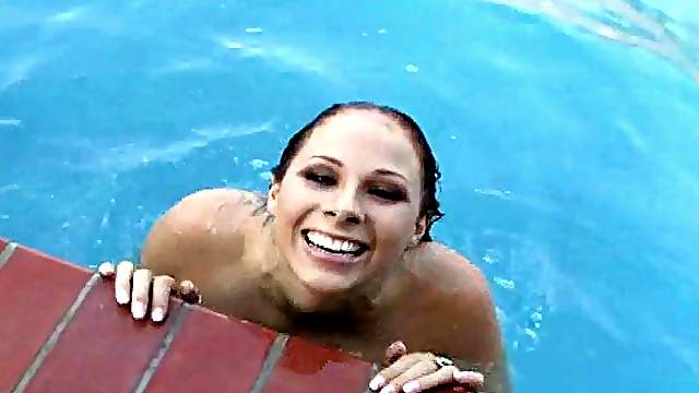 Big tittied girl swims in a pool and gets pounded on a sofa