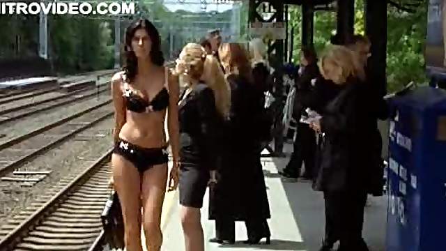 Gorgeous Brunette Waiting For The Train In Her Sexy Lingerie
