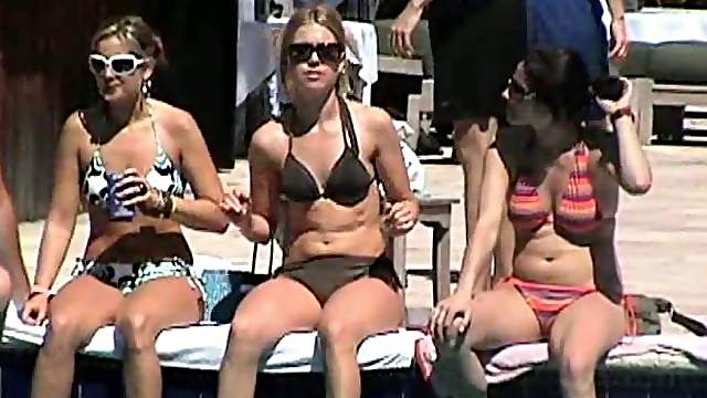 Slutty girl gets fucked and jizzed on her belly at a pool party