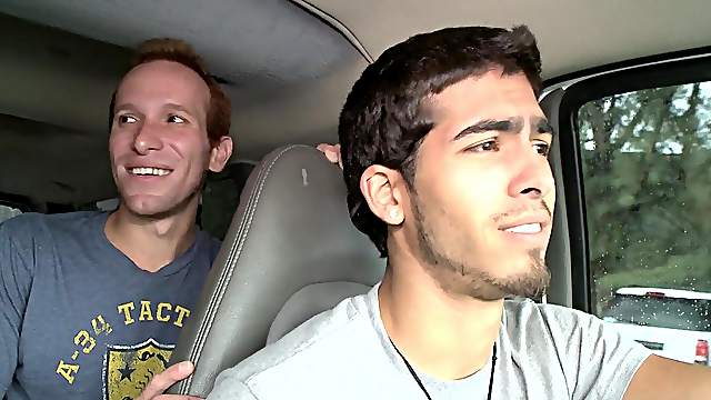 Brilliant gay with short hair giving huge dick blowjob in the car