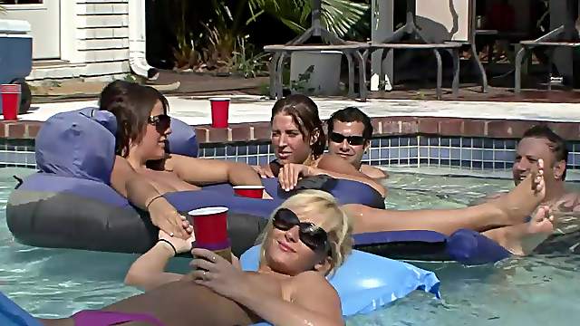 Hot models at the pool party outdor drinking and showing off tits