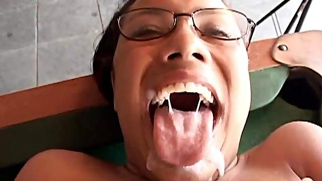 Stunning babes in glasses riding huge cock hardcore before swallowing cum