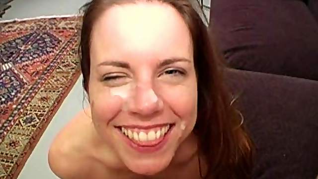 Amateur chick gives a blowjob and gets jizz on her face