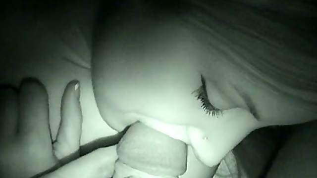 Randy chick in bed in panties gives blowjob in night time porn flick