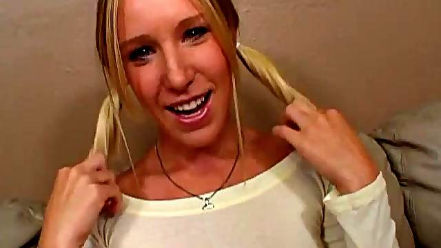 Pigtailed blonde with flabby tits sucks and rides a cock