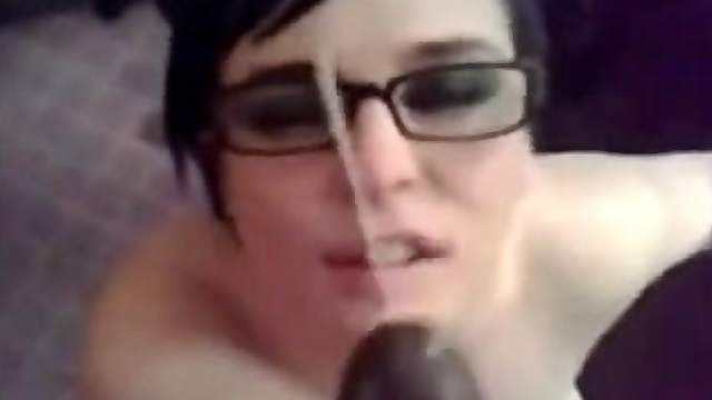 Chubby brunette bitch wearing glasses gives a blowjob in homemade POV