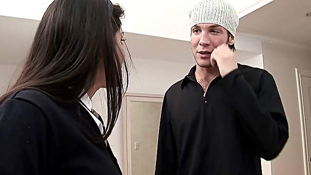 Charming Latina babes in uniform giving her guy blowjob in reality shoot