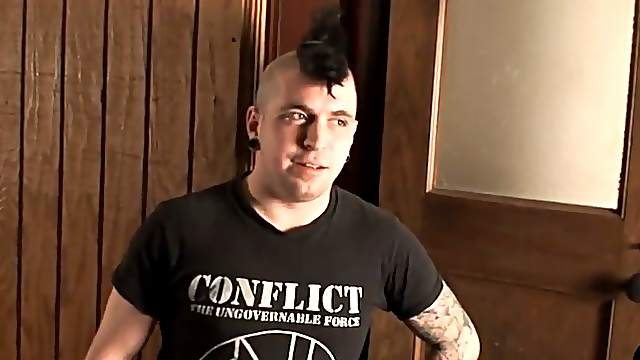 Tattooed guy masturbates his big penis with a great passion