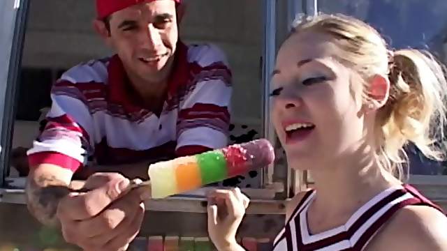 Blonde Cheerleader in uniform moans as she gets banged outdoor
