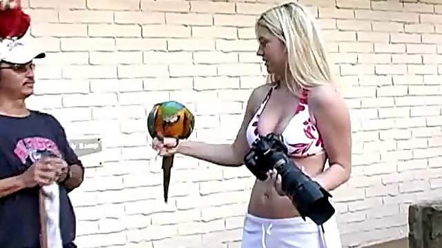 Zestful blonde in sexy  bra shows off big tits outdoors