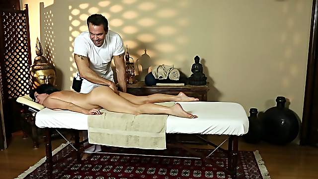 Delightful brunette cowgirl gets fucked hardcore anal after getting a massage