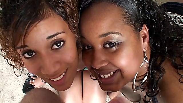 Lustful ebony dolls enjoying giving a sensual blowjob in a ffm sex