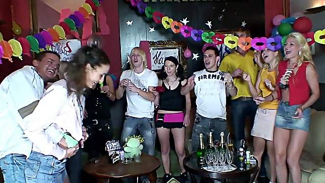 At a birthday party slutty chicks suck and fuck a male stripper