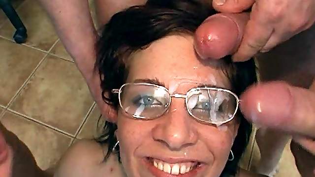 Small titted secretary with glasses gets gangbanged by co-workers