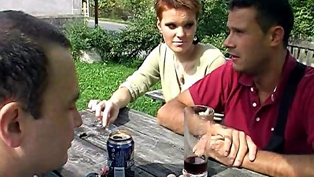 Redhead with short hair does really naughty things with two guys
