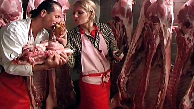 Blonde butcher gets her tight ass slaughtered by colleague's cock