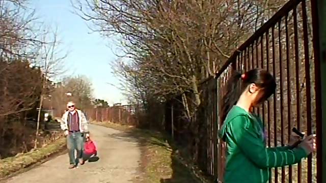 Wild teen with a curvy body getting her pussy licked by an old man in public