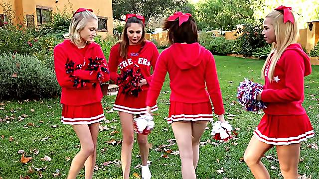 Four foxy cheerleader friends have a wicked hot orgy