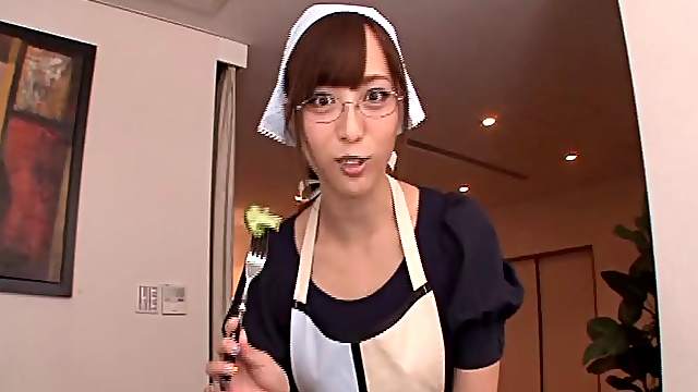 A very pretty Japanese girl uses her feet, mouth and pussy on his cock