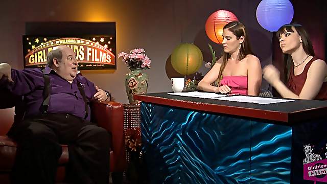 Kinky lesbian ladies interview a dude in their show