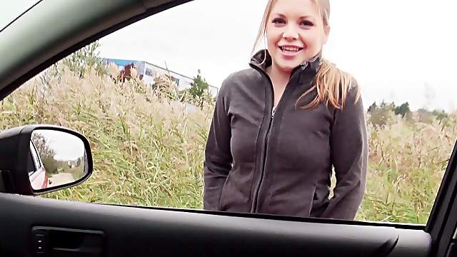 Gorgeous teen girl gets in his car and gives great head