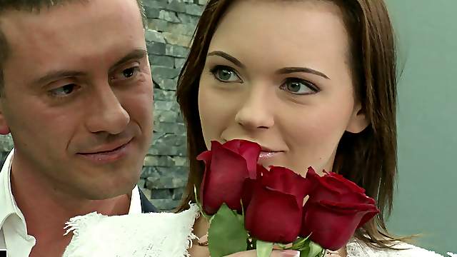 Impeccable brunette receives both the roses and the stiff dick