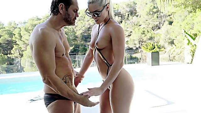 Slut in a shiny swimsuit hammered in her hot hole by a fat dick