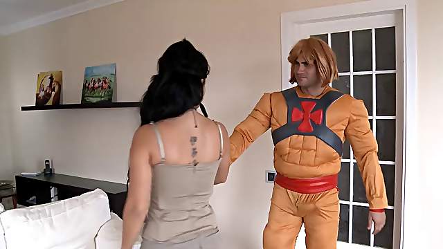 Costume dude and a big breasted girl fucking hard