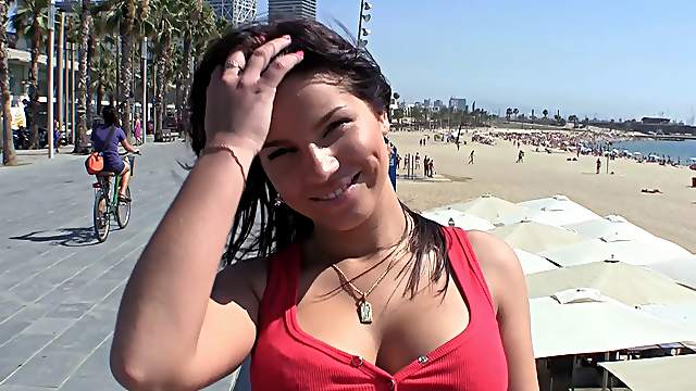 Cutie from the beach goes home with him and rides cock
