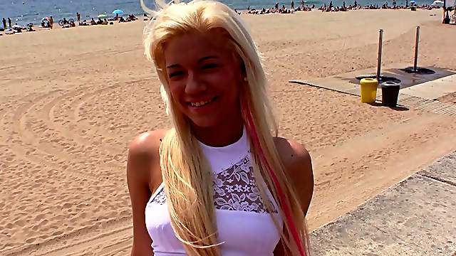 Scorching, sexy blonde flashes her thong before getting railed