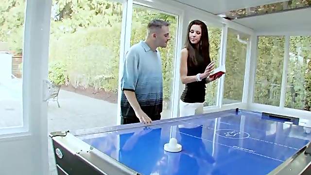 Skinny raven-haired starlet Angelina rides on a massive dick