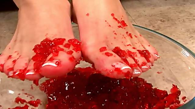Foot fun with food on her toes then he cums on her feet