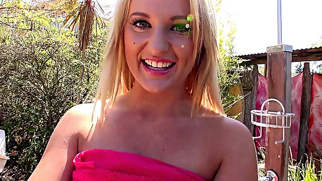 Poolside cocksucking and hardcore fucking with a cute blonde